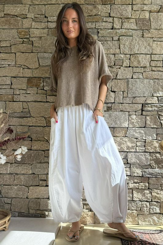 Inga Stretch Poplin Cotton Barrel Pant White